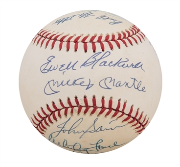 1953 New York Yankees Team Signed OAL Brown Reunion Baseball With 15 Signatures Including Mantle, Berra & Ford (JSA)